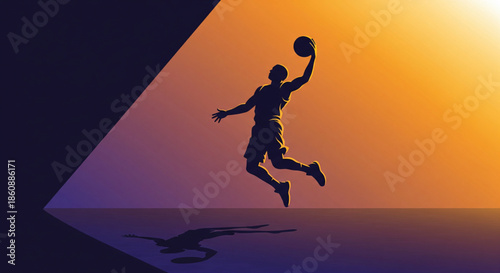 Basketball player performing a slam dunk against a vibrant gradient background with dramatic lighting
