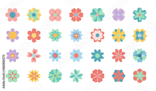 Modern flat flower icon vector collection with minimalist floral shapes isolated on white background