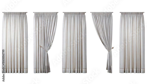  Five white fabric curtains displayed in different styles with pleats and tie-backs, isolated.png