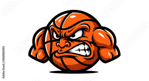 Dynamic and powerful cartoon basketball mascot illustration, exuding fierce determination and a competitive spirit, perfect for sports teams, league branding, or athletic promotions