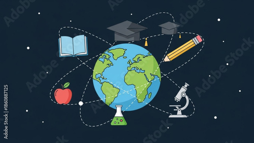 Education and learning concept with globe, graduation caps, book, pencil, microscope, beaker, and apple in a circular orbit around earth, symbolizing global knowledge
