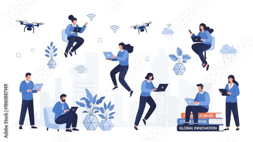 Eight people working remotely with laptops and drones flying around them in a modern office setting with plants and cityscape background illustrating global innovation