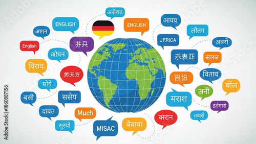 Globe with multilingual speech bubbles and flags on white background representing global communication and language diversity