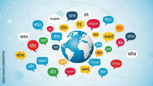 Global communication concept with speech bubbles in multiple languages around the earth globe on a light blue background with white spots
