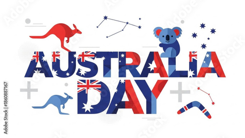 Australia day celebration with kangaroo koala and stars on white background