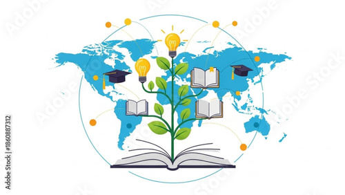 Global education concept with growing plant from open book, light bulbs, graduation caps on world map background, symbolizing learning and knowledge growth