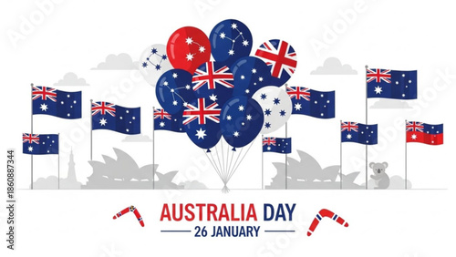 Australia day celebration with balloons and flags on january 26, patriotic decoration, national holiday, australian symbols