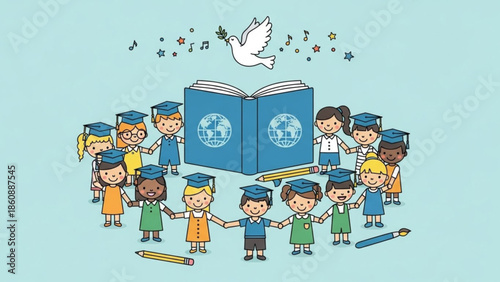 Diverse group of children in graduation caps holding hands around a large blue book with a globe on the cover and a white dove flying above with music notes and stars