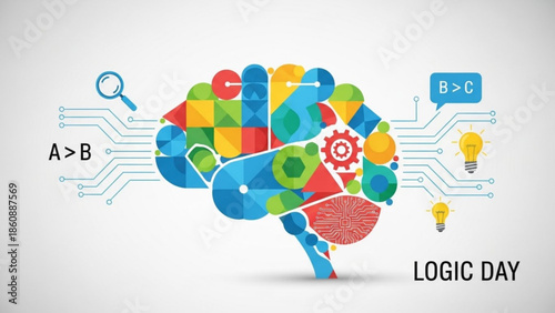 Colorful brain with gears, lightbulbs, and circuit boards for logic day, symbolizing innovation and intelligence in technology and education