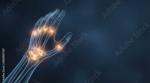 Arthritis Pain in Human Hand Joints, an X-ray Scan Illustrating Inflammation and Medical Conditions on a Dark Background