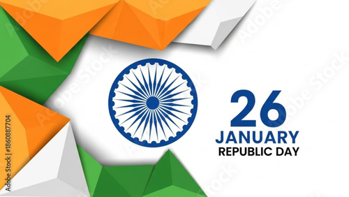 Indian republic day celebration with geometric shapes and ashoka chakra symbol on white background