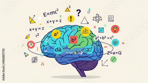 Colorful brain illustration with mathematical equations and symbols surrounding it, representing learning and intelligence concepts