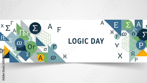 Colorful geometric shapes with mathematical symbols and logic day text on white background for education and science