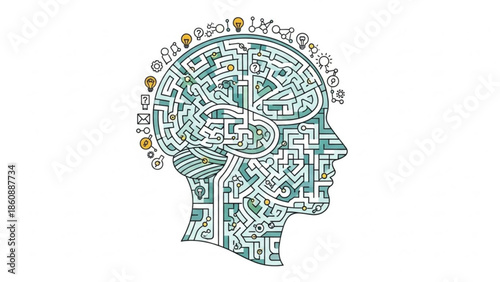 A creative green maze forming a human head with lightbulbs and various symbols on a white background representing ideas and problem solving