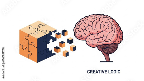 Creative logic puzzle pieces coming together to form a brain concept with jigsaw cubes