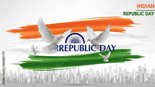 Indian republic day celebration with white doves flying over cityscape and national flag colors