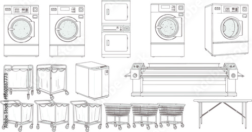 A comprehensive outline of laundry machines and equipments, clean and clear for visualization.