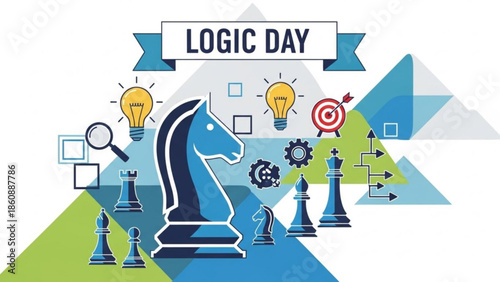 Logic day concept with chess knight, pieces, light bulbs, gears, target, magnifying glass on colorful geometric background