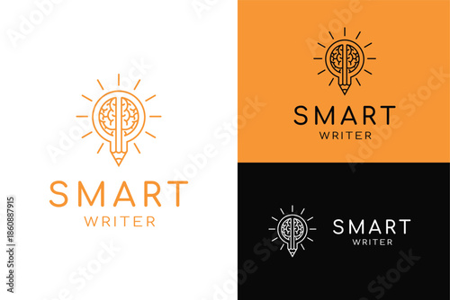 Human brain light bulb or sun with pencil smart writer editor