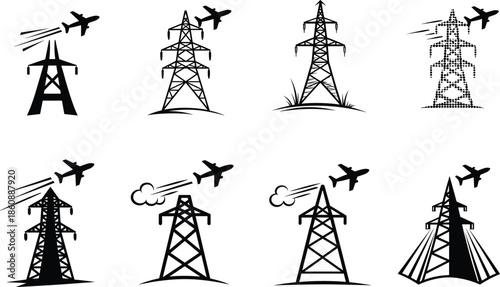 Airplane near transmission tower, aviation safety, collision risk, power infrastructure, silhouette vector, black and white, minimal illustration, concept art