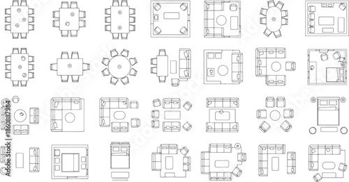 Top-down view of a varied arrangement of furniture layouts, including different types of tables, sofas, and seating plans for residential and commercial spaces.