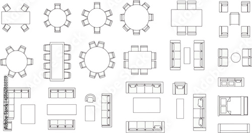 Blueprint of Diverse Table and Furniture Layouts in a Modern Design Scheme