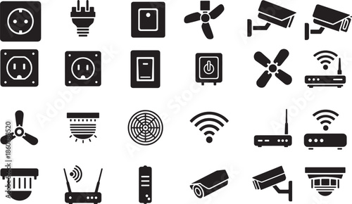 An assortment of various electric tools, fan and security items are arranged in a flat lay, minimalist style. this image conveys the elegance and sophistication of technology.