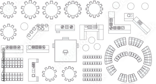 An overhead blueprint style of various tables and chairs. perfect for illustrating design, concept and project.