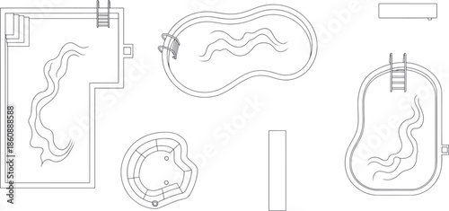 A collection of architectural blueprints showcases diverse swimming pool designs, a visual guide for potential pool construction and design.