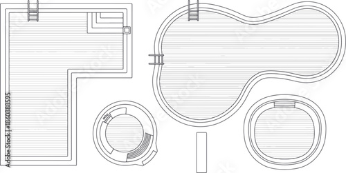 A variety of pool designs showing elegant architectural concepts in top view. It offers a glimpse into innovative concepts for residential and commercial.