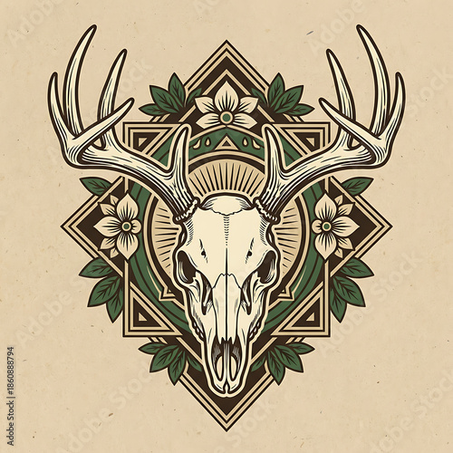 Deer skull with floral and geometric design.