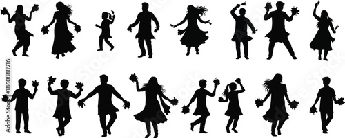 Collection of black silhouettes of people dancing in various poses
