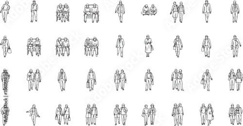 A collection of meticulously drawn architectural figures, each poised in a unique pose, presents a diverse range of individuals, ready to bring your design to life. 