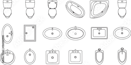 A comprehensive overhead view of various bathroom fixtures. This architectural rendering showcases a variety of sanitary equipment. 