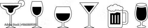 Cocktail and Beer Glass Icons. editable stroke. transparent background
