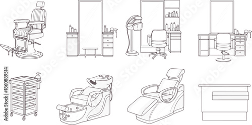A detailed monochrome illustration showcasing the elements of a modern salon.