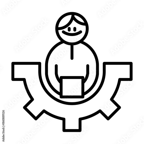Icono de gestión de trabajo digital. Persona trabajando en computadora dentro de engranaje. Diseño vectorial lineal