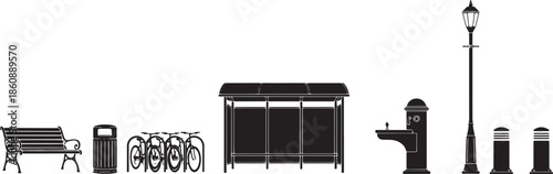 Urban scene essentials, a comprehensive array of public amenities. Includes a seat, a trash can, bicycles, a bus shelter, a water fountain, street lamp, and bollards.