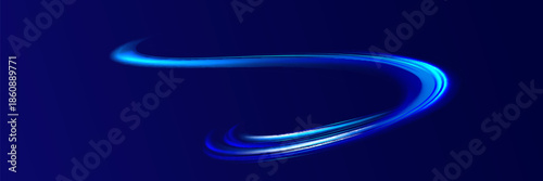 Semicircular wave, light vortex wake. Bright circle. Set of abstract light lines of movement and speed. Light line effect blue neon glow flare wave glowing shiny speed lines effect vector background.