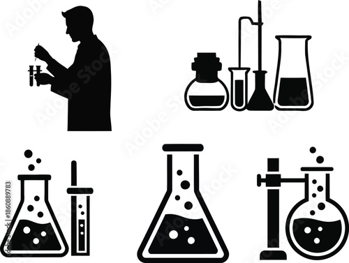 Laboratory equipment and scientist silhouette in a chemistry lab setting with various glassware