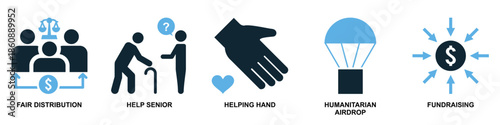 Set of charity donation icon vector for fundraising apps. Ideal for philanthropy, volunteering, giving money, food drives, and non-profit organization symbols.