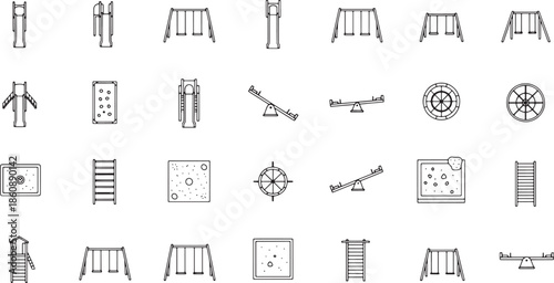 A top-down view of playground equipment, offering a unique perspective on the layout and design of various play structures. It evokes a sense of organized recreation.