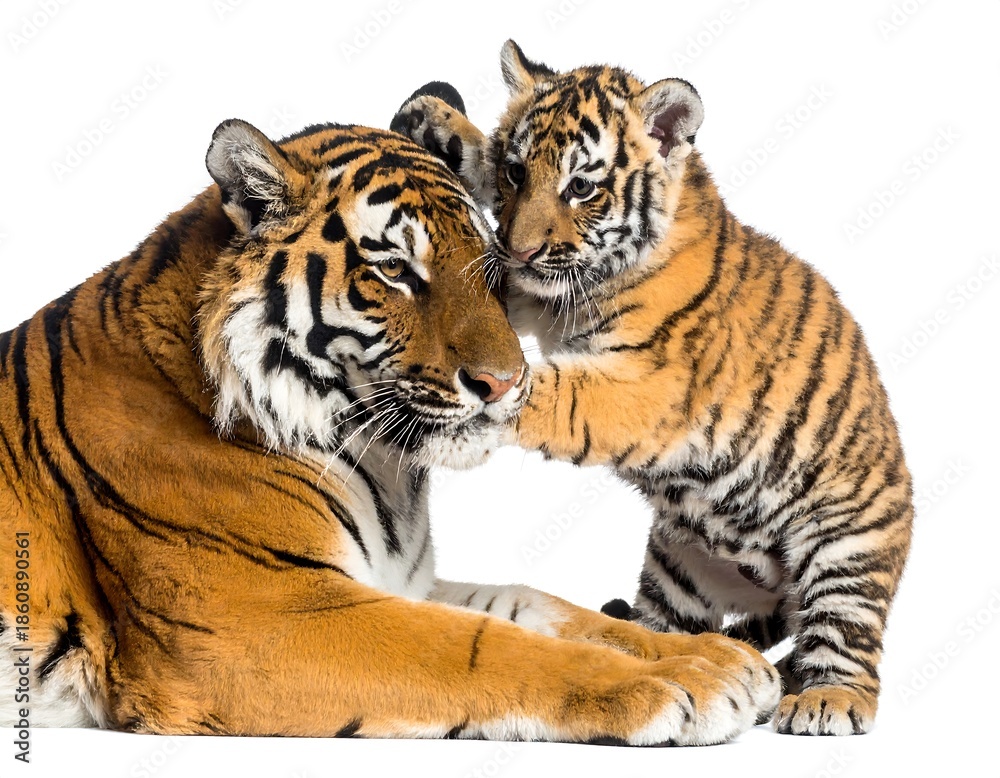 Obraz premium A majestic adult tiger and its playful cub, both with striking orange and black striped fur, against a clean white backdrop