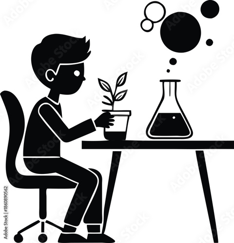 Scientist Experimenting with Plant Life Vector Illustration Silhouette, Exploring Scientific Research in Laboratory Environment