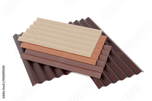 stack of books. 3d render corrugated steel roofing sheets in brown and beige tones. Metal roof panels stacked for construction, architecture and building material catalog, isolated on white background