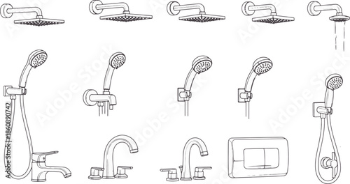 Detailed drawings showcase diverse designs and features of showerheads, faucets and fixtures, highlighting functionality and aesthetic possibilities in bathroom design.