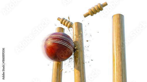 Cricket ball hitting stumps with flying bails
