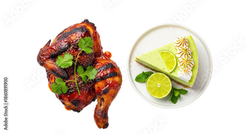 Grilled Chicken Quarter and Lime Pie Dessert on a White Plate with Mint Leaves and Sesame Seeds Against Transparent Background