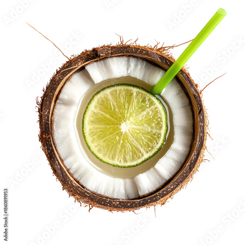 Top Down View of Coconut Drink With Lime Slice And Green Straw Against Transparent Background