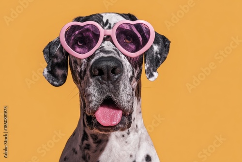 Harlequin Great Dane puppy wearing novelty heart shaped sunglasses against a solid background